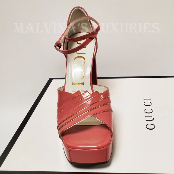 GUCCI SHOES MEDEA PLATFORM SANDALS RED PINK LEATHER sz 38.5 8.5 - Picture 6 of 10